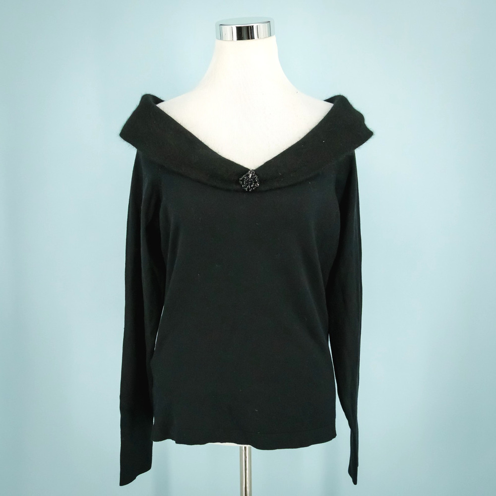 Ann Taylor Size Large L Black Rhinestone Off The Shoulder Silk Cashmere Sweater